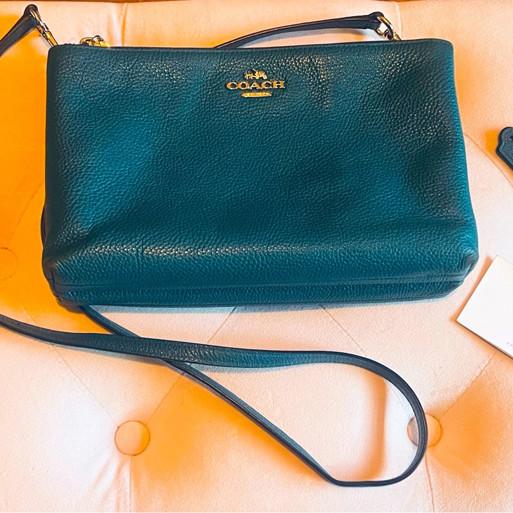 Coach Teal Leather double zip Crossbody purse